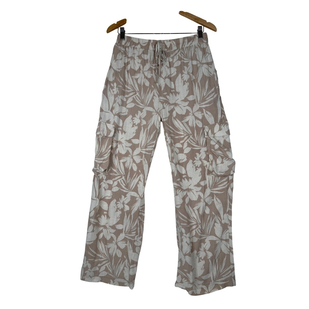 Monteau Cargo Pants Womens Medium Beige Floral Linen Blend Wide Leg ST201400